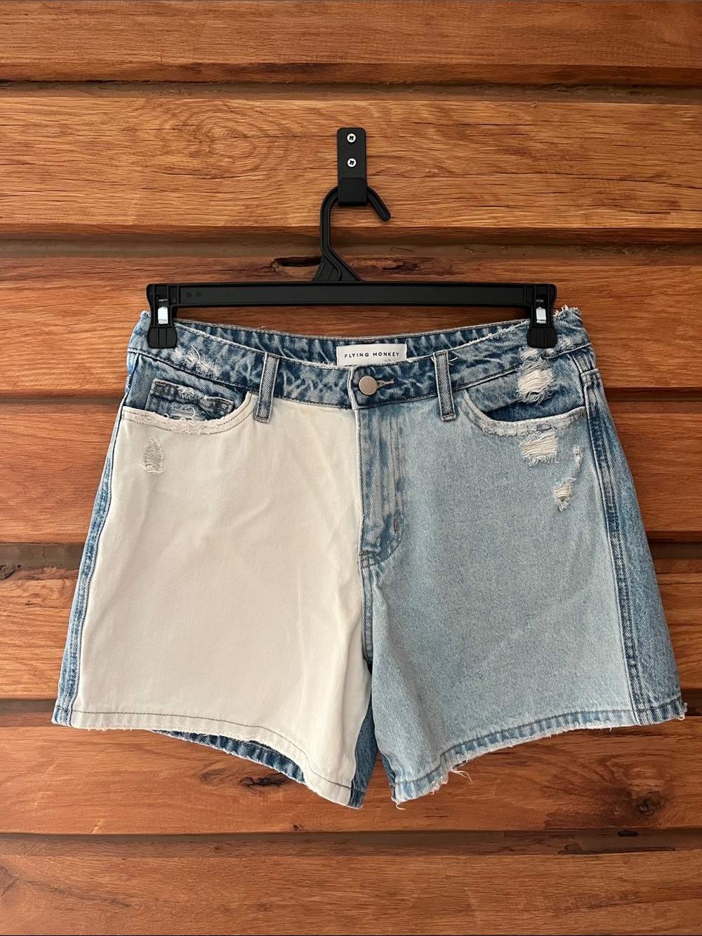 Flying Monkey Two-Tone Denim Shorts in Light Blue and Cream